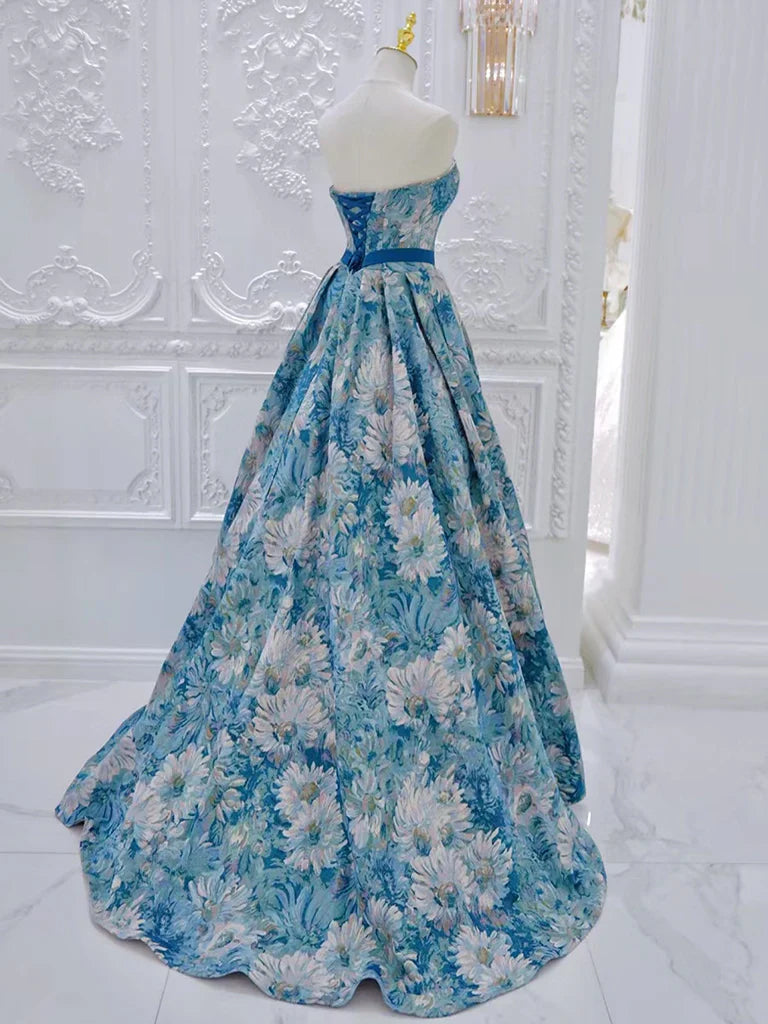 Vestido de fiesta largo azul de satén con flores y corte en A, vestido formal largo azul ED0596