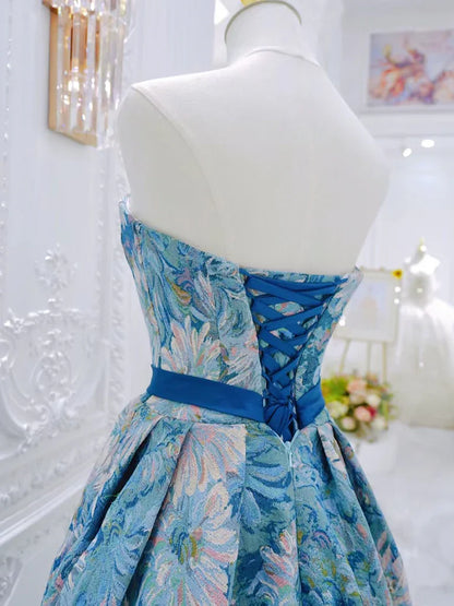 Vestido de fiesta largo azul de satén con flores y corte en A, vestido formal largo azul ED0596