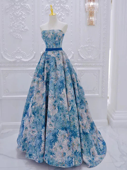 Vestido de fiesta largo azul de satén con flores y corte en A, vestido formal largo azul ED0596