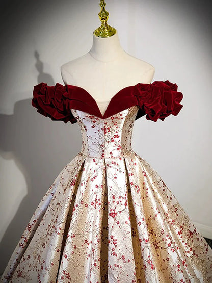 Vestido de fiesta largo de satén color champán con hombros descubiertos y corte en A, vestido formal largo color champán ED0597