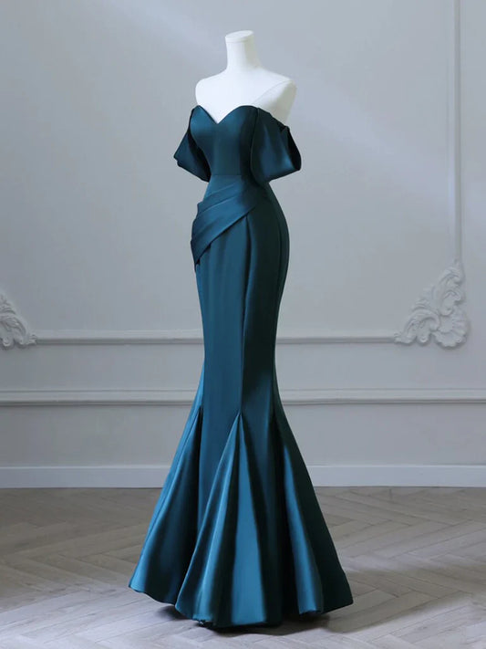 Vestido de fiesta largo azul tinta de satén con hombros descubiertos, sencillo, vestido formal azul tinta ED0598