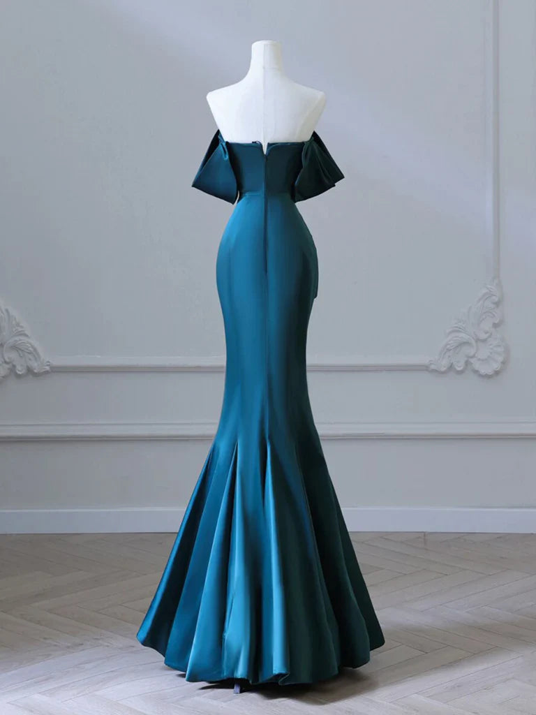 Vestido de fiesta largo azul tinta de satén con hombros descubiertos, sencillo, vestido formal azul tinta ED0598