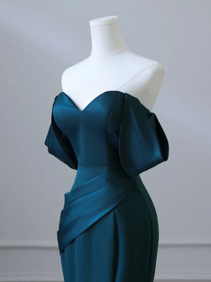 Vestido de fiesta largo azul tinta de satén con hombros descubiertos, sencillo, vestido formal azul tinta ED0598
