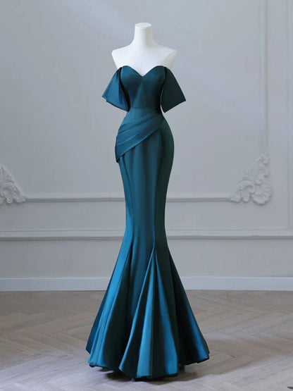 Vestido de fiesta largo azul tinta de satén con hombros descubiertos, sencillo, vestido formal azul tinta ED0598