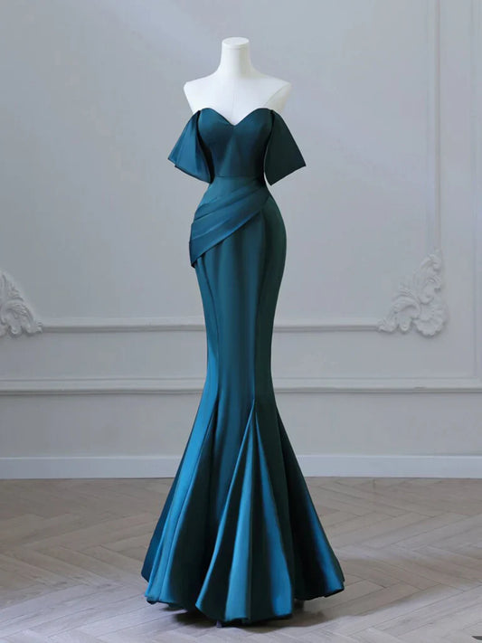 Vestido de fiesta largo azul tinta de satén con hombros descubiertos, sencillo, vestido formal azul tinta ED0598