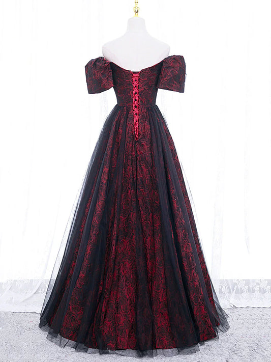 Vestido de fiesta largo de tul con encaje color burdeos, elegante y temperamental, corte A, vestido formal largo color burdeos ED0599