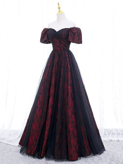 Vestido de fiesta largo de tul con encaje color burdeos, elegante y temperamental, corte A, vestido formal largo color burdeos ED0599