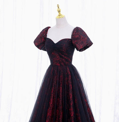 Vestido de fiesta largo de tul con encaje color burdeos, elegante y temperamental, corte A, vestido formal largo color burdeos ED0599