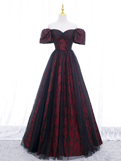 Vestido de fiesta largo de tul con encaje color burdeos, elegante y temperamental, corte A, vestido formal largo color burdeos ED0599