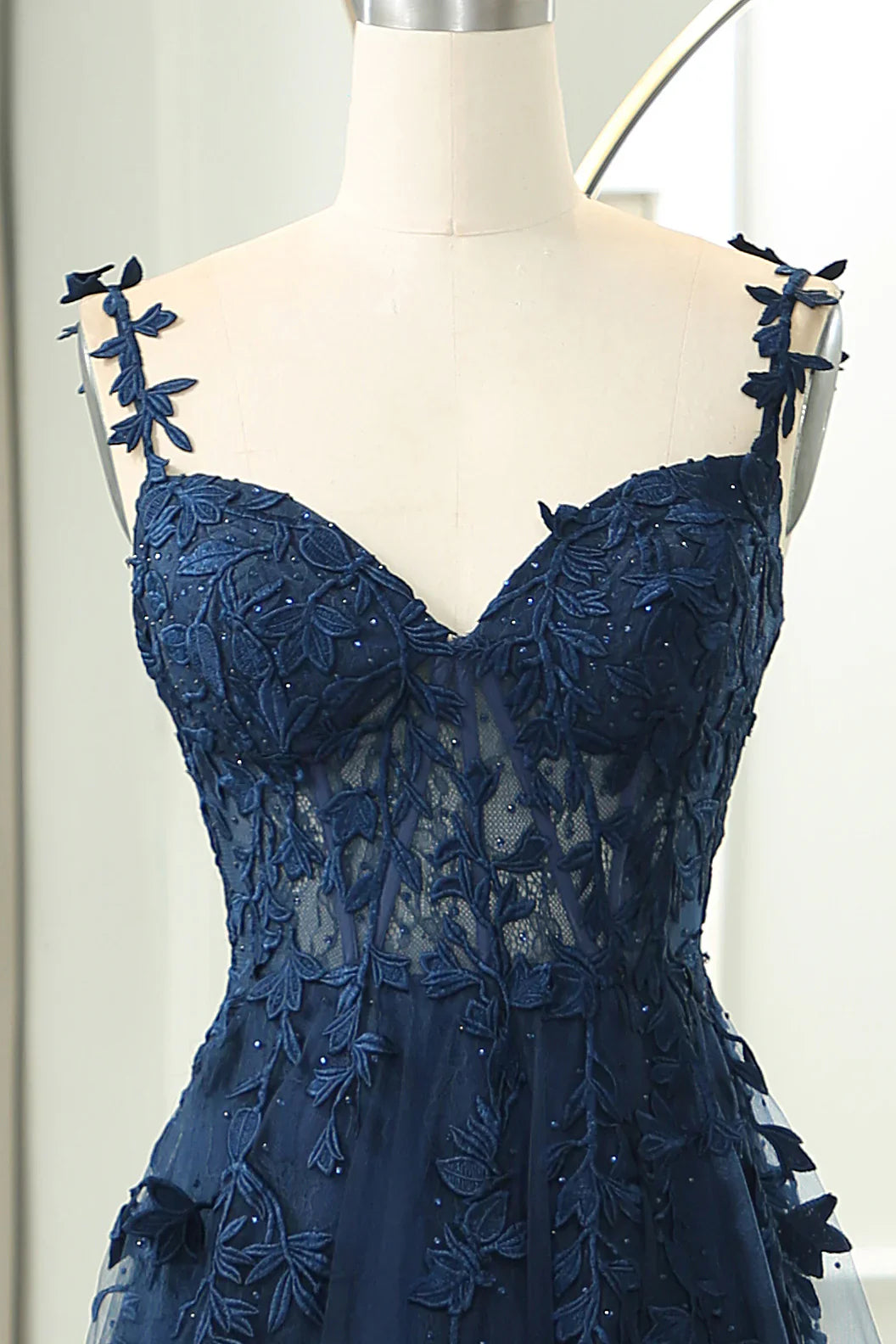 Vestido de fiesta largo azul oscuro con escote corazón, elegante, de tul y encaje, ED080