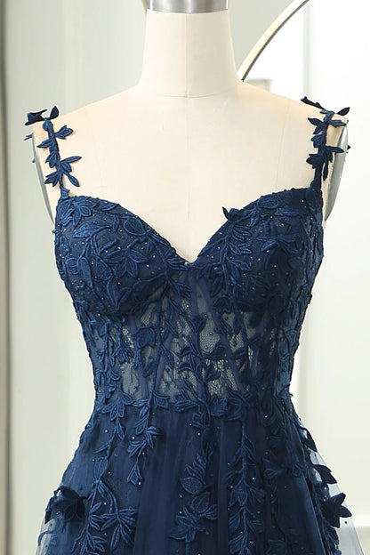 Vestido de fiesta largo azul oscuro con escote corazón, elegante, de tul y encaje, ED080
