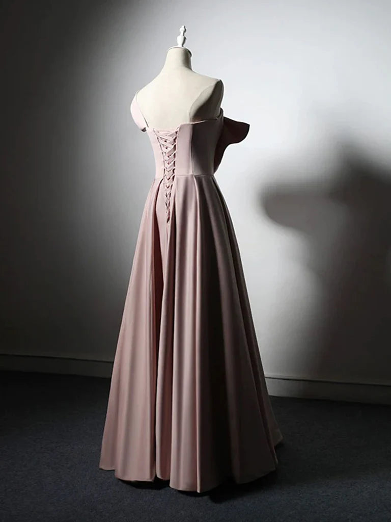 A-Line Satin Pink Long Prom Dress, Pink Long Formal Dress  ED060