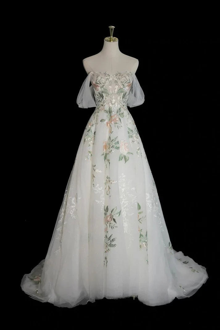 A Line Off Shoulder Tulle Lace Applique White Long Prom Dress Formal Dress SH3574