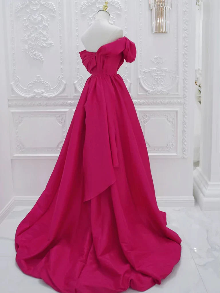 Vestido de fiesta largo de satén rojo rosa con hombros descubiertos y corte A, vestido de noche largo rojo rosa ED0601