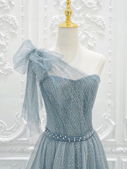 Vestido de fiesta largo de tul con lentejuelas, corte A, un hombro, gris y azul, vestido formal largo con lentejuelas ED0602