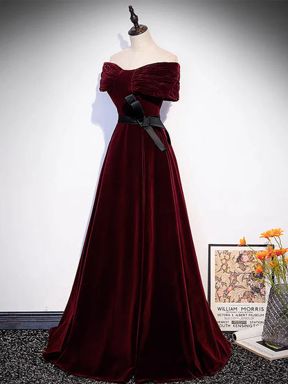 Vestido de fiesta largo de terciopelo burdeos con hombros descubiertos y corte en A, vestido formal largo burdeos ED0603