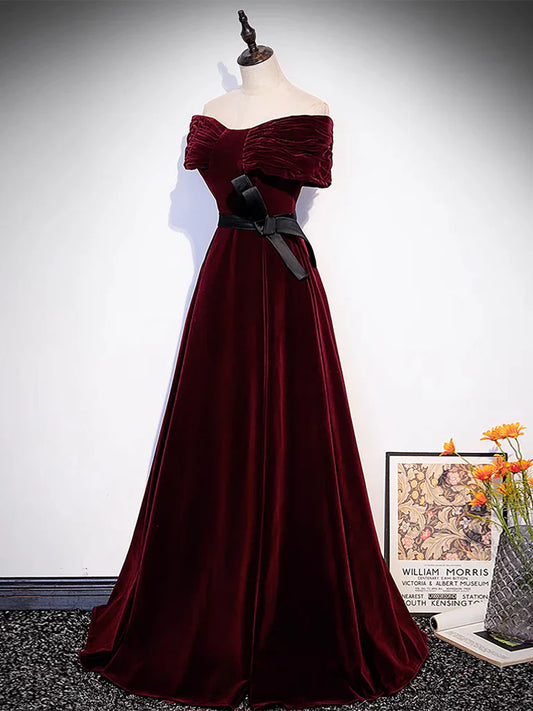 Vestido de fiesta largo de terciopelo burdeos con hombros descubiertos y corte en A, vestido formal largo burdeos ED0603