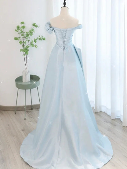 Vestido de fiesta largo de tul azul satinado con corte en A, vestidos de noche largos de tul azul ED0604