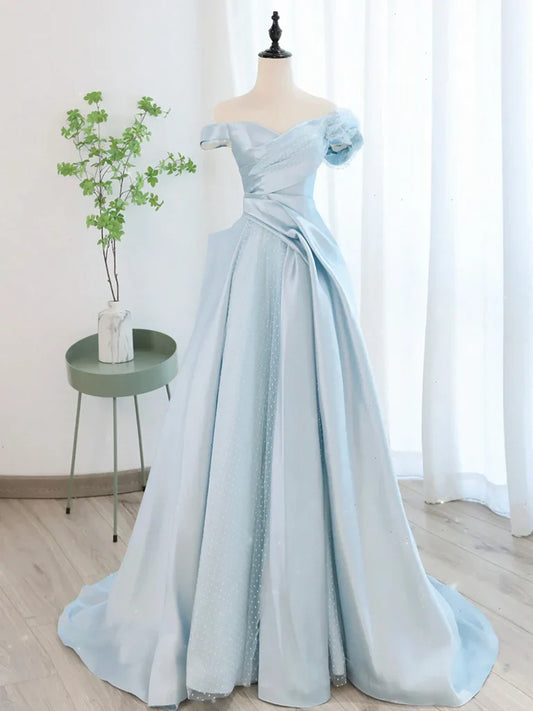 Vestido de fiesta largo de tul azul satinado con corte en A, vestidos de noche largos de tul azul ED0604