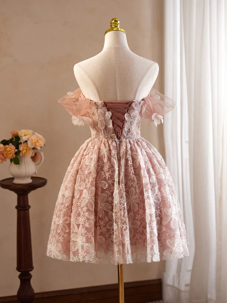 Vestido de fiesta corto rosa con encaje y tul, corte A y hombros descubiertos, vestido rosa de bienvenida ED0606
