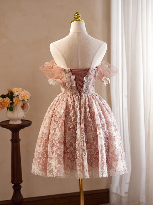 Vestido de fiesta corto rosa con encaje y tul, corte A y hombros descubiertos, vestido rosa de bienvenida ED0606