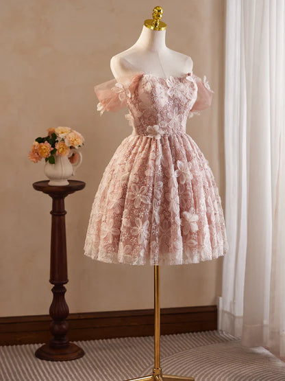 Vestido de fiesta corto rosa con encaje y tul, corte A y hombros descubiertos, vestido rosa de bienvenida ED0606