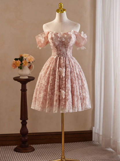 Vestido de fiesta corto rosa con encaje y tul, corte A y hombros descubiertos, vestido rosa de bienvenida ED0606