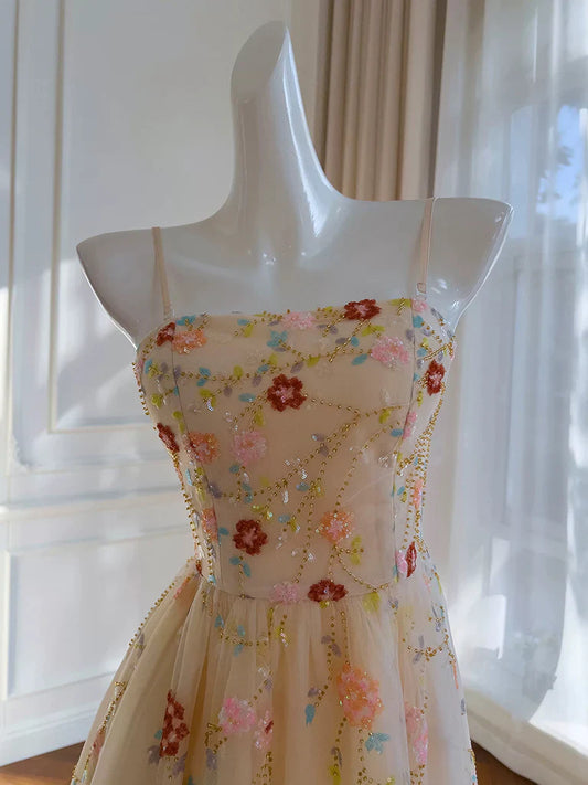 Vestido de fiesta de tul con lentejuelas y cuentas color champán, largo hasta la rodilla, corte A, vestido de bienvenida color champán ED0607