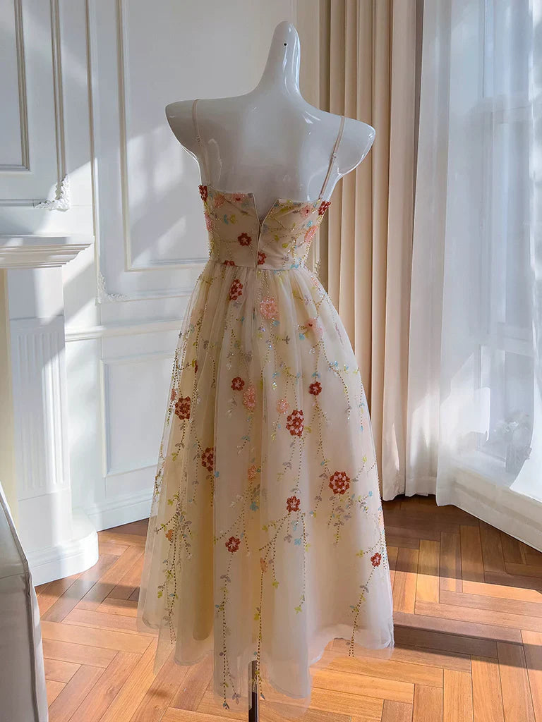 A-Line Tulle Sequin Beads Champagne Tea Length Prom Dress, Champagne Homecoming Dress ED0607