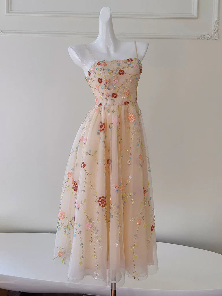 A-Line Tulle Sequin Beads Champagne Tea Length Prom Dress, Champagne Homecoming Dress ED0607