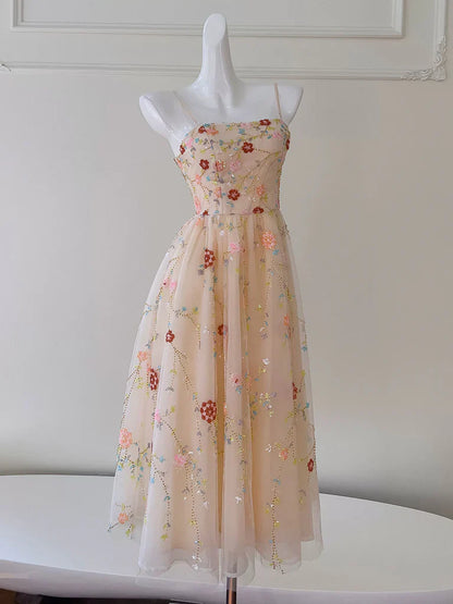 A-Line Tulle Sequin Beads Champagne Tea Length Prom Dress, Champagne Homecoming Dress ED0607