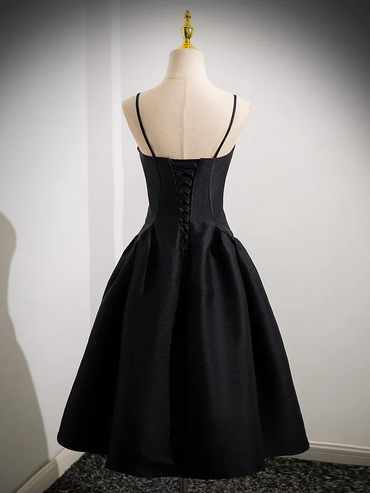 Vestido de fiesta corto de satén negro con corte en A, vestido de bienvenida negro ED0608