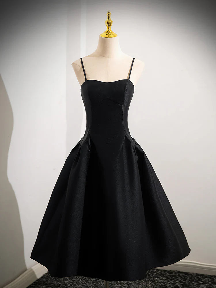 Vestido de fiesta corto de satén negro con corte en A, vestido de bienvenida negro ED0608