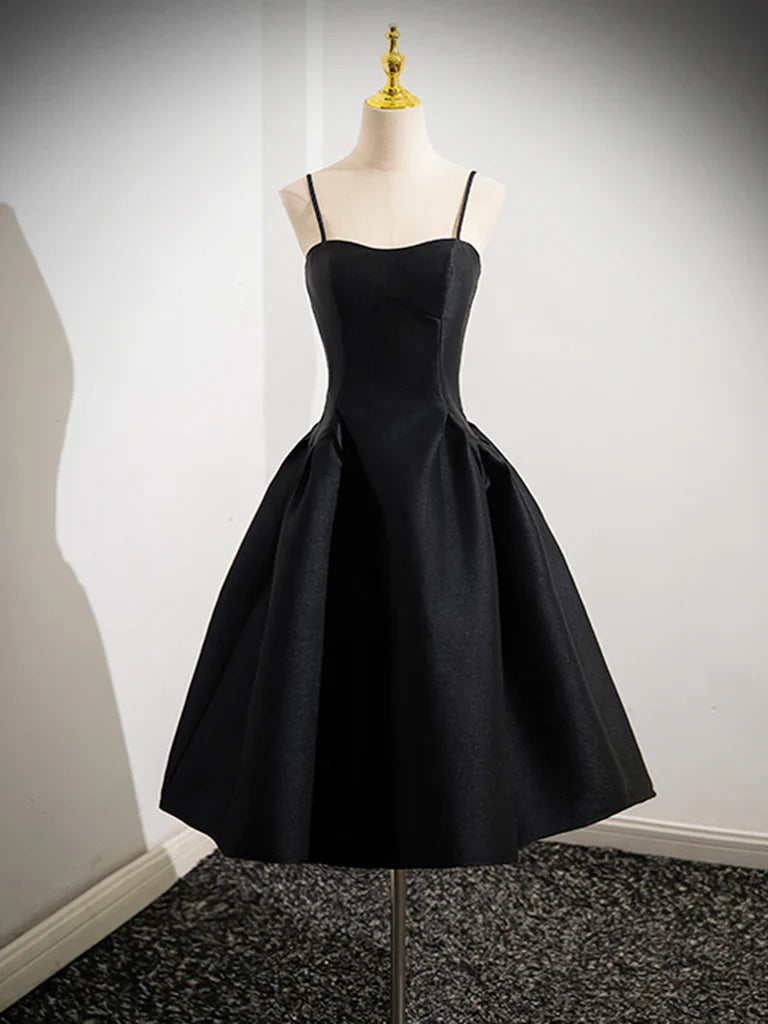Vestido de fiesta corto de satén negro con corte en A, vestido de bienvenida negro ED0608
