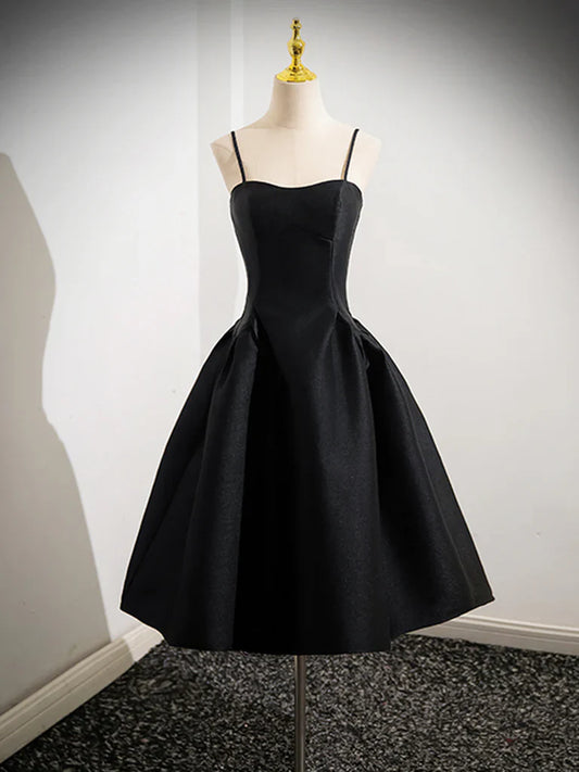 Vestido de fiesta corto de satén negro con corte en A, vestido de bienvenida negro ED0608