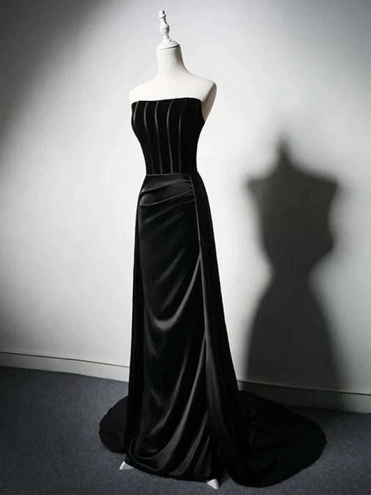 Vestido de fiesta largo de satén negro con corte en A, vestido formal largo negro ED061