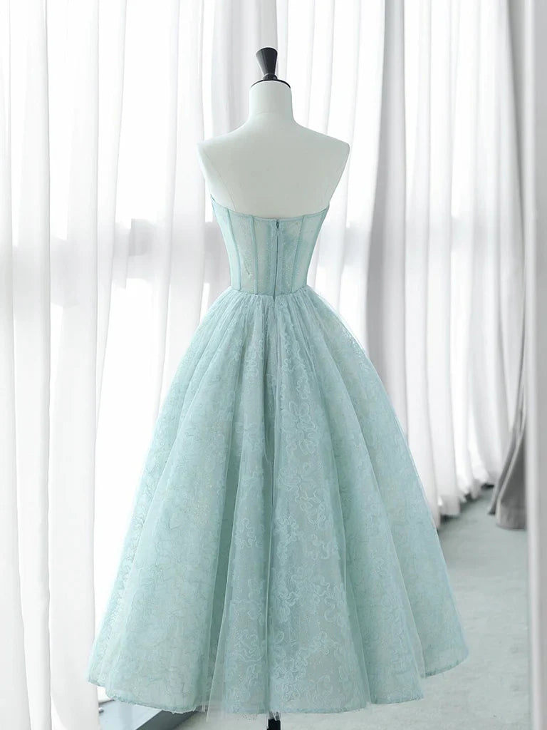 Vestido de fiesta corto azul de tul con escote corazón y encaje, corte en A, vestido formal azul ED0610