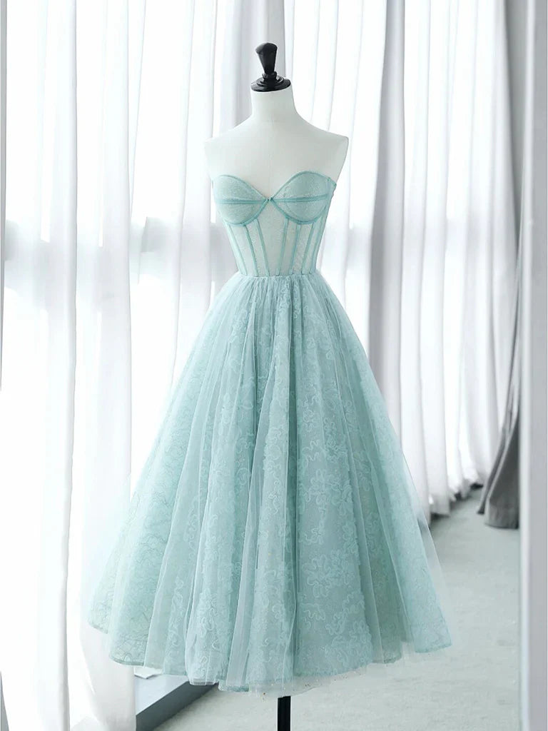 Vestido de fiesta corto azul de tul con escote corazón y encaje, corte en A, vestido formal azul ED0610