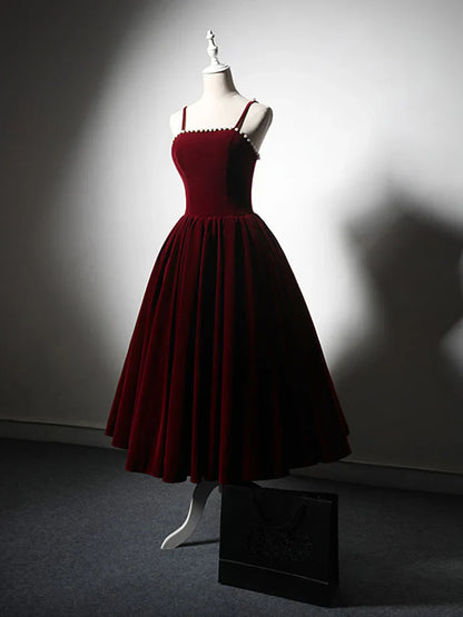 A-Line Velvet Tea Length Burgundy Prom Dress, Burgundy Cocktail Dress ED0611