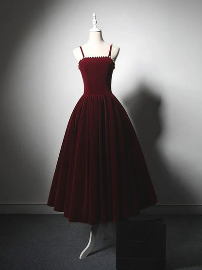 A-Line Velvet Tea Length Burgundy Prom Dress, Burgundy Cocktail Dress ED0611