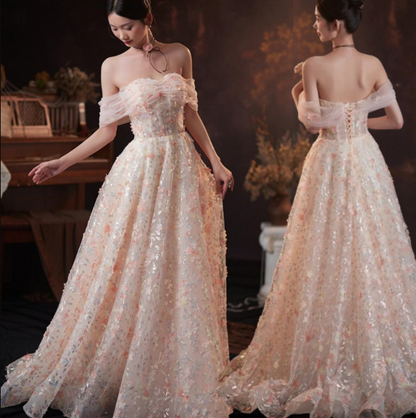 Vestido de fiesta largo de tul con encaje y hombros descubiertos, corte A, rosa, ED0631
