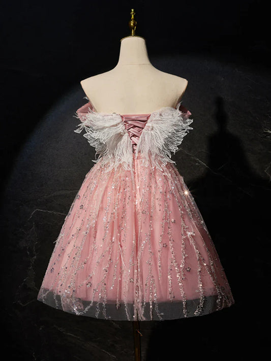 Vestido de fiesta corto de tul con encaje rosa, corte A, vestido de cóctel rosa ED0614