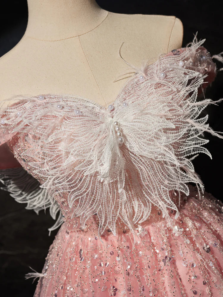 Vestido de fiesta corto de tul con encaje rosa, corte A, vestido de cóctel rosa ED0614