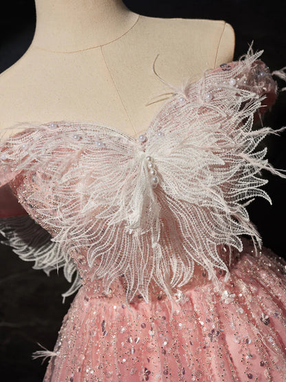 Vestido de fiesta corto de tul con encaje rosa, corte A, vestido de cóctel rosa ED0614