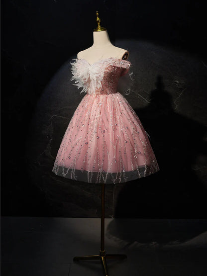 Vestido de fiesta corto de tul con encaje rosa, corte A, vestido de cóctel rosa ED0614