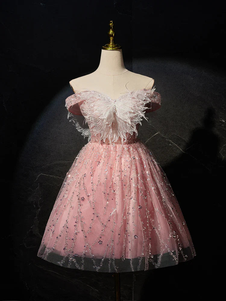 Vestido de fiesta corto de tul con encaje rosa, corte A, vestido de cóctel rosa ED0614