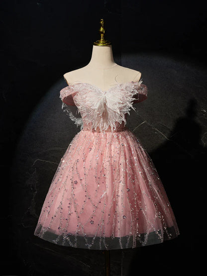 Vestido de fiesta corto de tul con encaje rosa, corte A, vestido de cóctel rosa ED0614