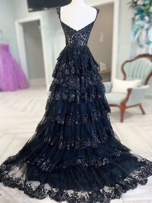 Vestido de fiesta largo negro con escote corazón, tul y lentejuelas, corte en A, vestido formal negro ED0617