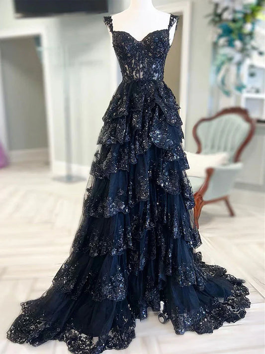 Vestido de fiesta largo negro con escote corazón, tul y lentejuelas, corte en A, vestido formal negro ED0617
