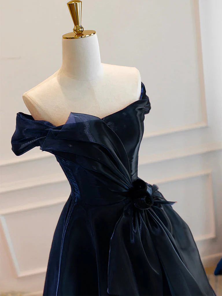 Vestido de fiesta largo de organza azul oscuro con hombros descubiertos y corte en A, vestido formal largo azul oscuro ED0618
